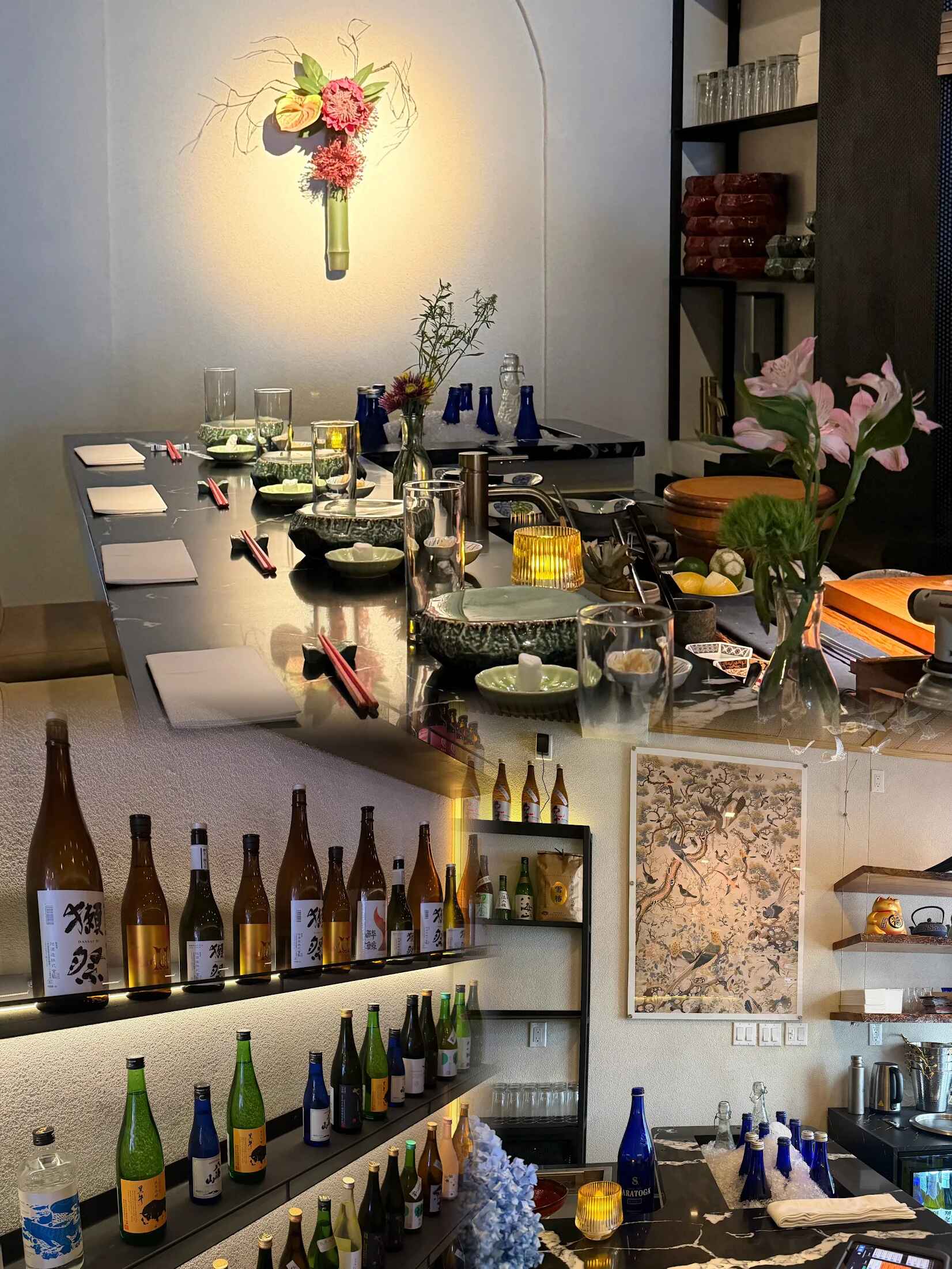 A collage of the counter, sake collection, and interior
